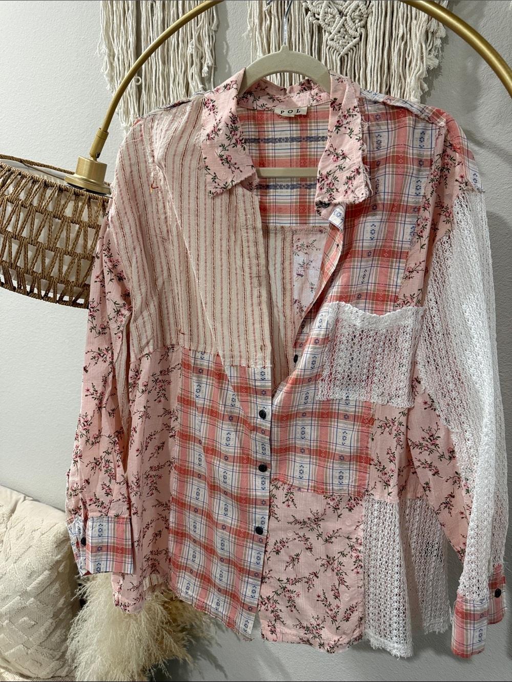 POL Patchwork Pink Plaid Floral Button-Up Shirt